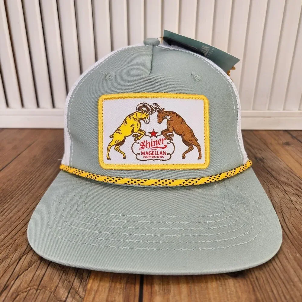 Magellan Outdoors Shiner Beer Snapback Trucker Hat Cap Green Yellow Patch Rope
